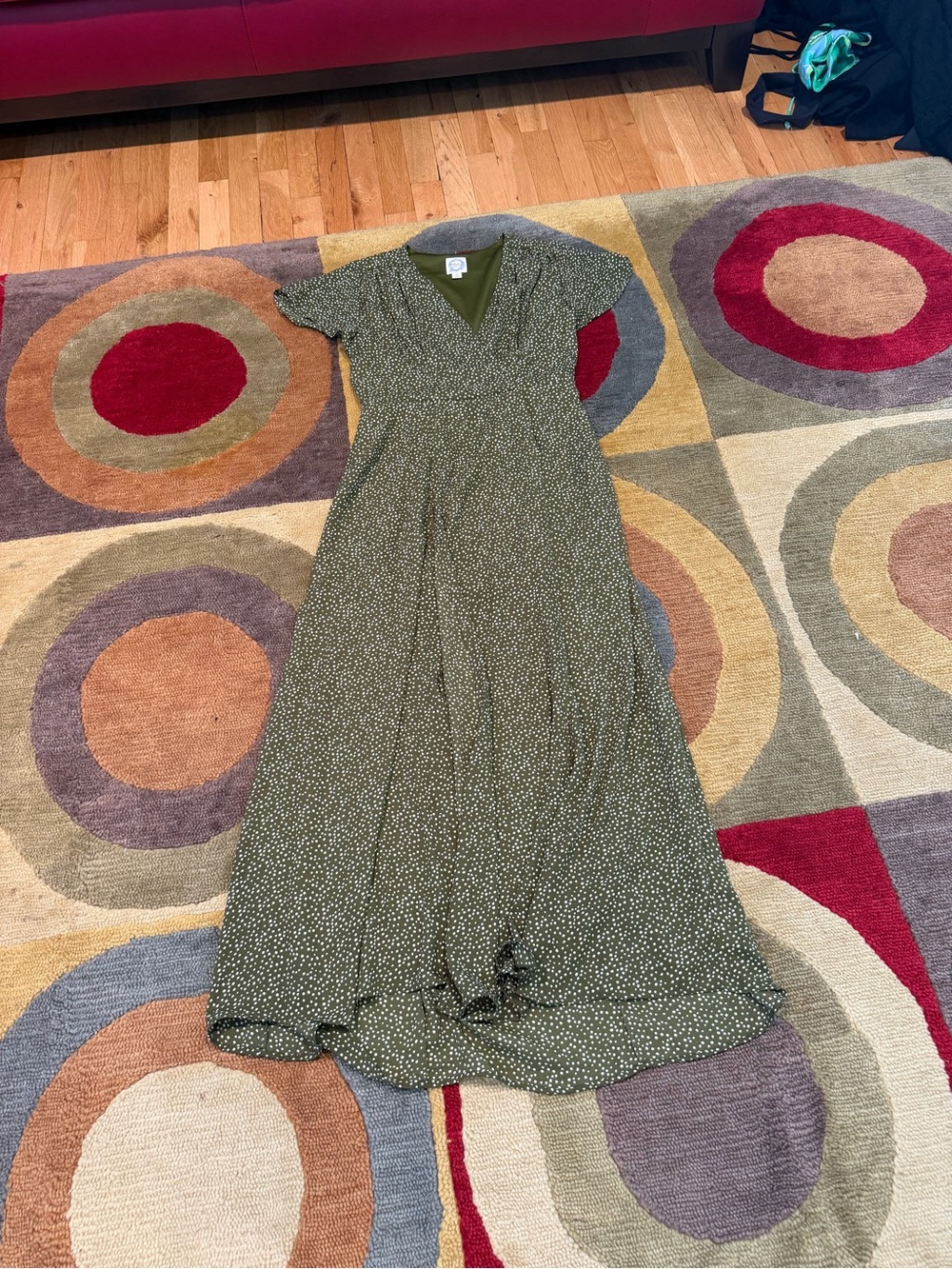 Blue Rain Francesca’s Collections Olive Green Polka Dot V Neck Long Maxi Dress